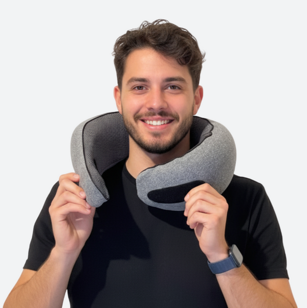 Man holding a gray neck pillow against a white background