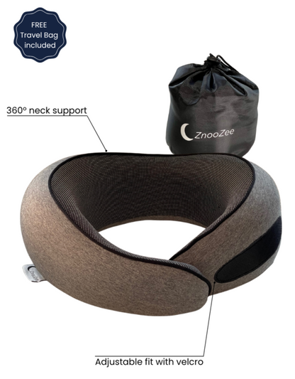 Znoozee travel neck pillow with adjustable fit and carrying bag on a white background