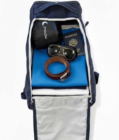 znoozee in travel bag inside a backpack